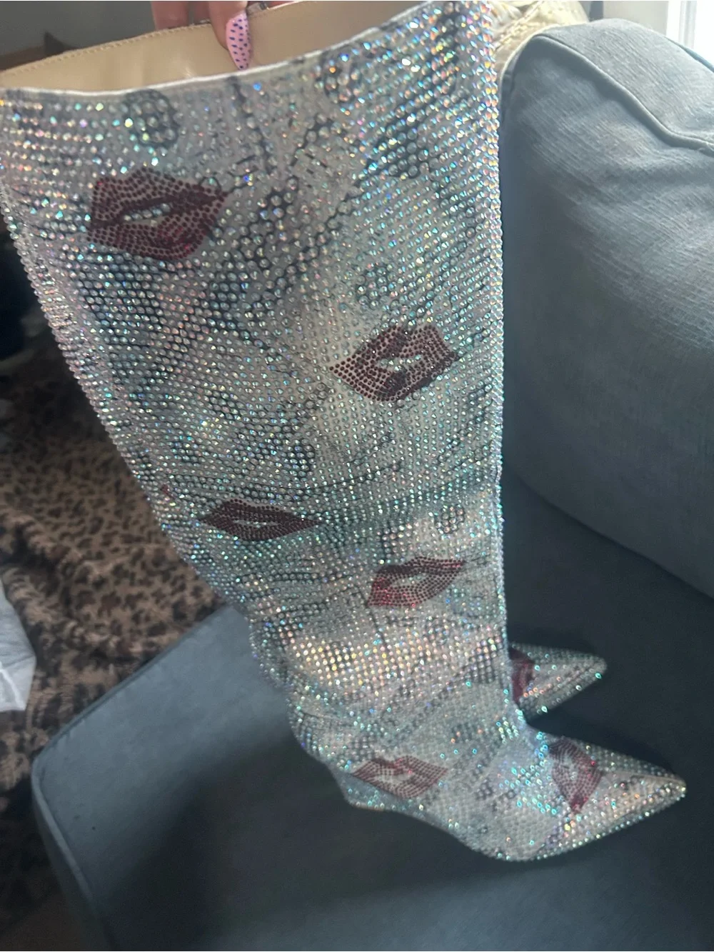 Cape Robbin Iridescent Crystal Over-the-Knee Boots with Red Lip Accents